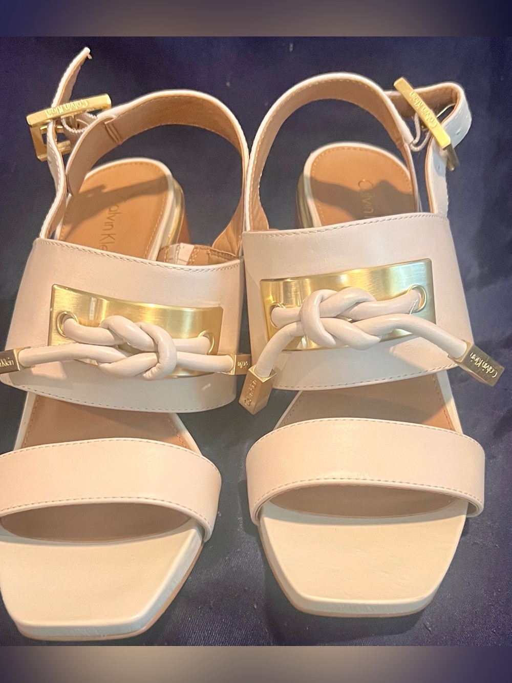 Calvin Klein Cream Braided Strap Block Heel Sandals with Gold Accents